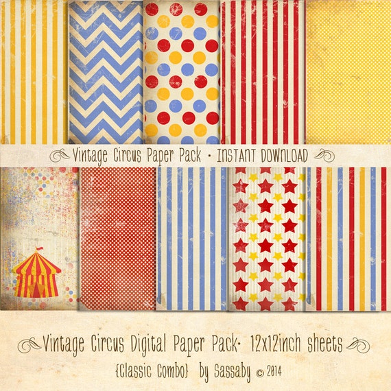 Vintage Circus Paper Pack 10 Digital Sheets - INSTANT DOWNLOAD - Scrapbooking Card Making Birthday Party Decoration by Sassaby Il_570xn