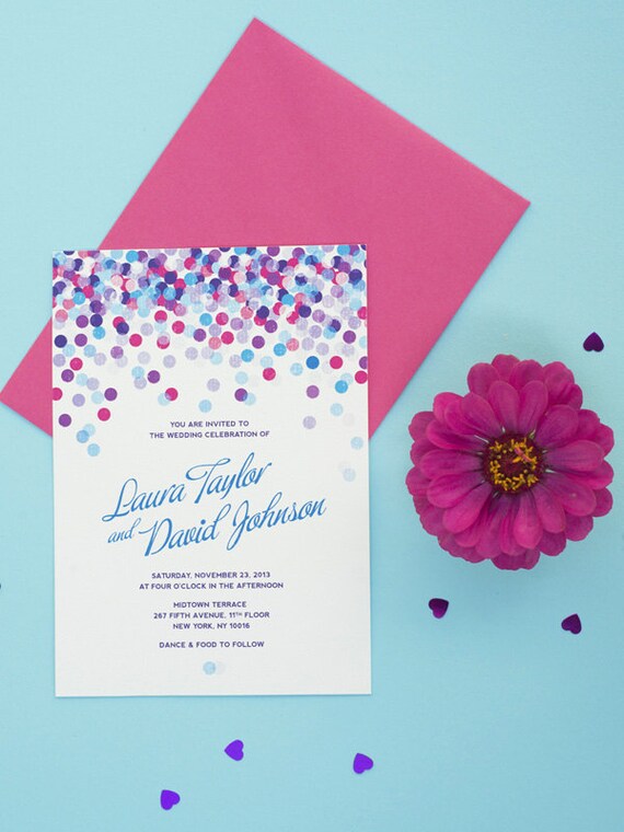 Blue Confetti Wedding Invitation Printable by 3EggsDesign on Etsy