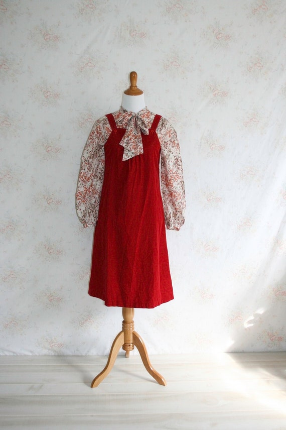 Vintage 70s Dress 1970s Pinafore Corduroy Jumper Red