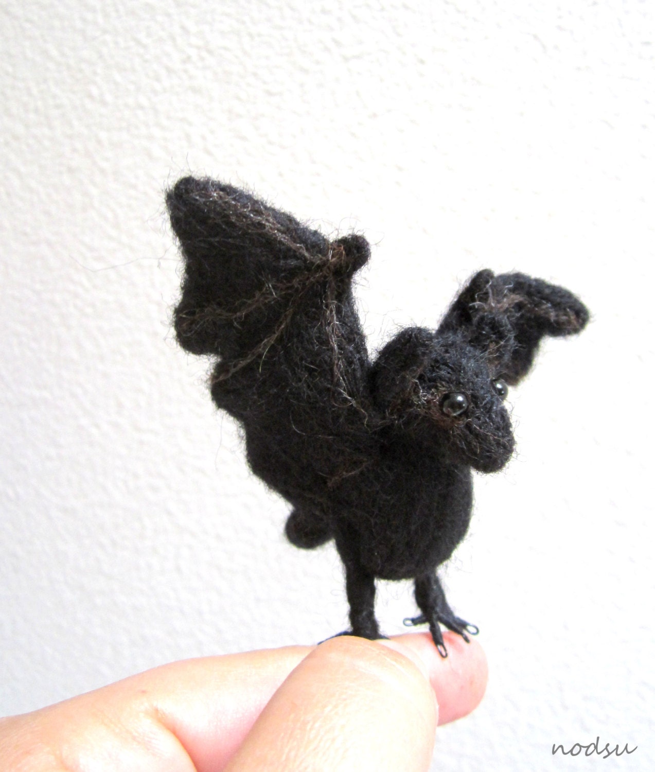 Miniature black bat posable small animal needle felted by nodsu