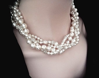 Chunky Pearl necklace ~ Swarovski crystal and pearl rhinestones ~ Brides necklace ~ 4 strands ~ Twisted pearl necklace ~ Wedding necklace