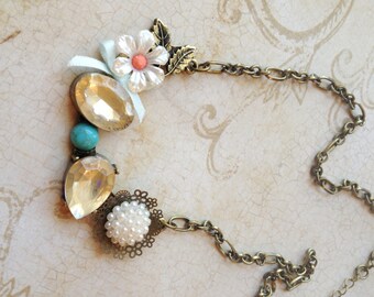 Vintage Inspired Mixed Media Charms Brass Pearl Flower Bling Necklace Jewelry