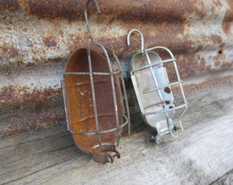 2 Vintage Caged Light Shades Metal Industrial Lamp Parts Light Fixtures Rust Shop Lights Trouble Lights Garage Man Cave Lighting Shades Old