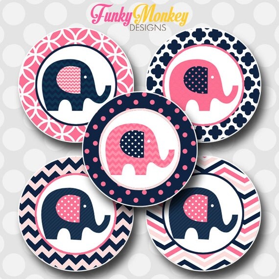 INSTANT DOWNLOAD Pink & Blue Chevron Elephants 4x6 Digital 1" Inch Bottle Cap Image/Digital Collage sheet Il_570xn