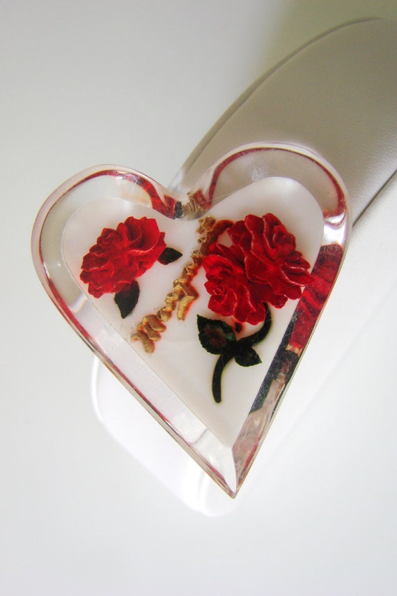 Items similar to 40s Clear Lucite Carved Floral Rose Heart Brooch ...