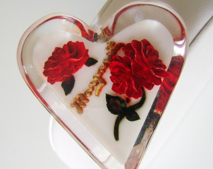 40s Clear Lucite Carved Floral Rose Heart Brooch / Monogram "Margaret" / Red / White / Vintage Jewelry / Jewellery