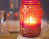 Henna Inspired Mason Jar Lantern, Hot Pink Glass With Golden Accents Henna Inspired Mason Jar Lantern, Hot Pink Glass With Golden Accents