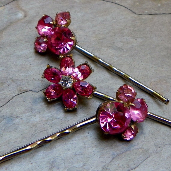 Decorative Hair Pins Bridal Jewelry 1950's Pink by WillowBloom