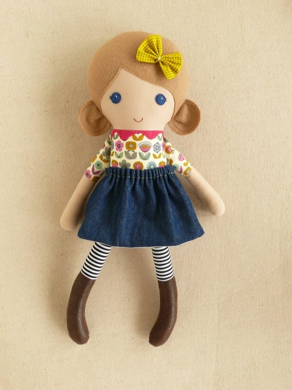 Fabric Doll Rag Doll Light Brown Haired Girl In Modern Floral