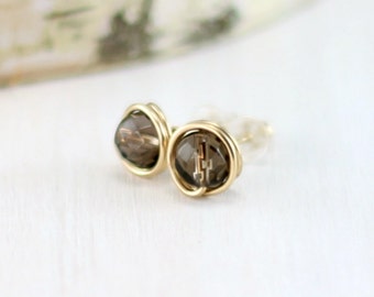 Smokey Quartz Earrings, 14k Gold Filled Brown Gemstone Post Earrings Yellow Gold Wire Wrapped Smokey Quartz Stud Earrings