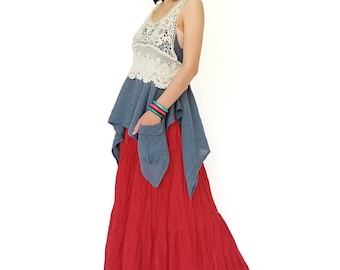 NO.5 Red Cotton Gauze, Hippie Gypsy Boho Tiered Long Peasant Skirt