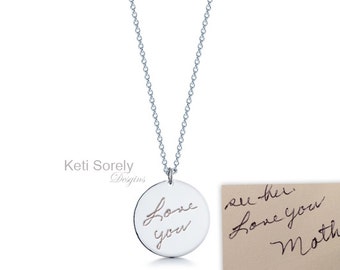 Custom Handwriting Necklace, Engrave Your Name, Message or Signature on Charm Pendant - Sterling Silver, Yellow or Rose Gold