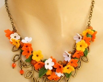 Statement Necklace, Orange Necklace, Spring Necklace, Flower Necklace, Minimal Necklace, Orange Jewelry, Women Gift, Handmade Necklace