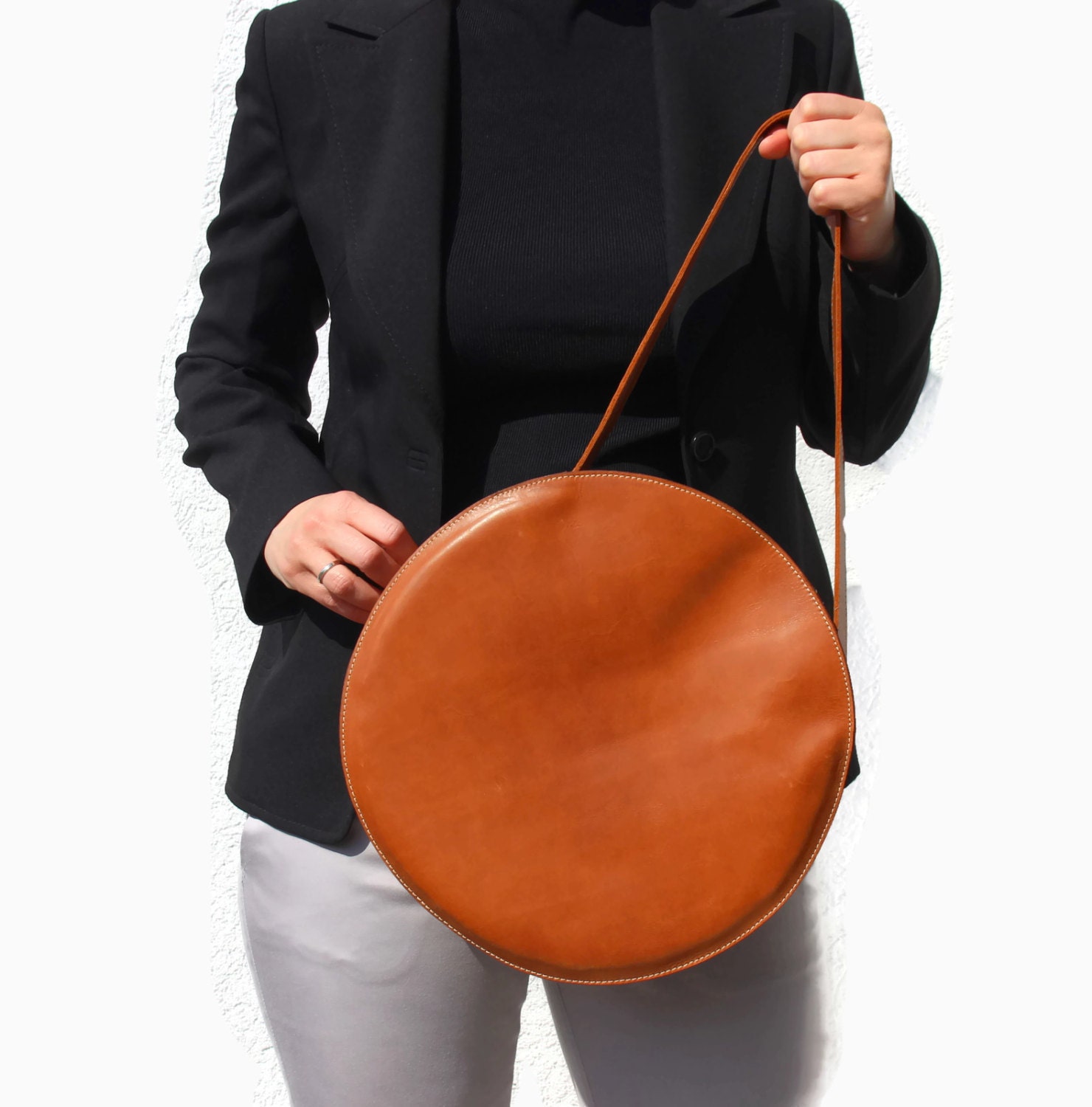 Brown Tote Bag Circle Bag Round Leather Bag Leather By Bogabag 4562