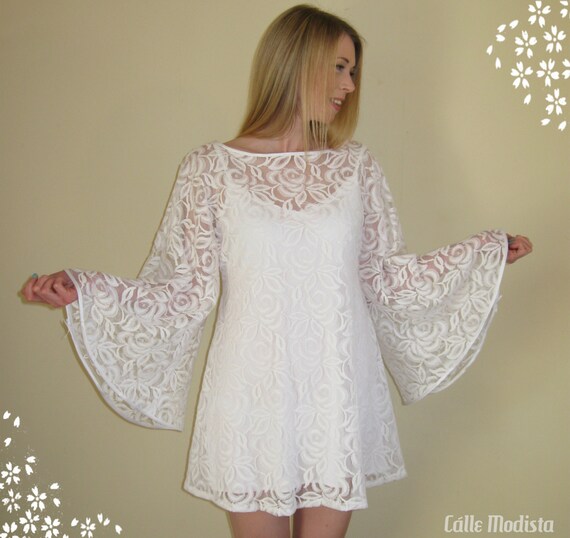 60s Dress  White Lace Angel  Sleeve  Dress  Mini Dress 