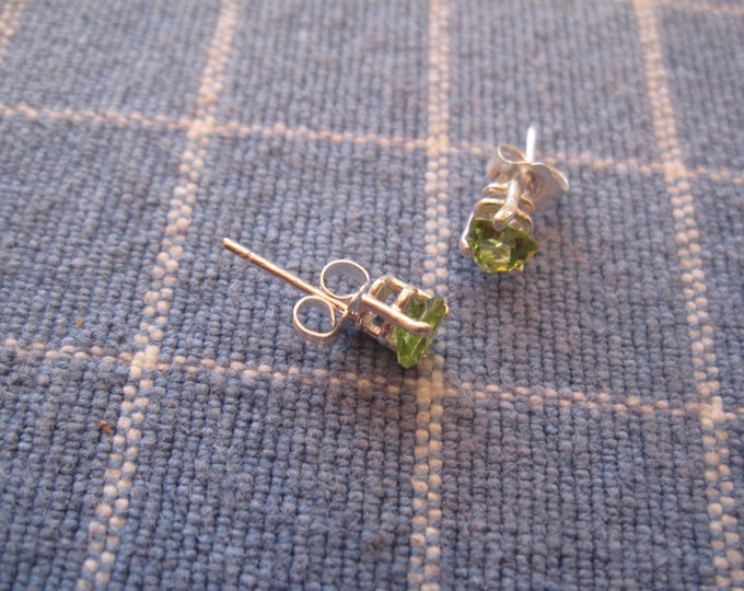 Peridot Stud Earrings, 5mm Trillion, Natural, Set in Sterling Silver E754