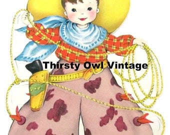 Digital Download, Vintage Cowboy Image, 1950's Little Boy, Cowboy Birthday Card Image, Cowboy with Lasso, Printable Image, Scrapbooking