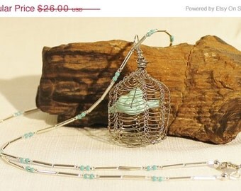 necklace, bird cage pendant necklace with mint green lovebirds, white ...