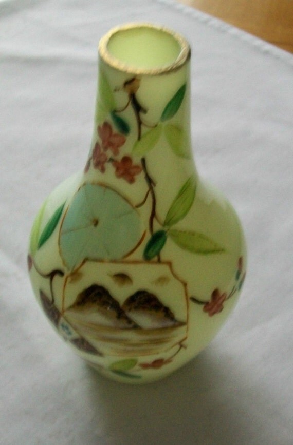 Vintage Asian opaque light green glass small hand painted vase 5 inch