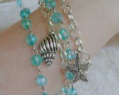 Sea Nymph Aqua Stacking Bracelet Upcycled Rosary Silver Plate Chain Choice of Charm: Seahorse Starfish or Shell, Ocean Goddess Mermaid Water
