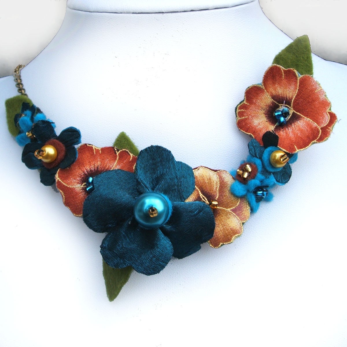 Teal Pansy Necklace Teal and Gold Flower Statement Necklace