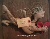 Primitive Cupid  Valentines Door Greeter, Folk Art Cherub, Naked Winged Valentine Angel Shelf Sittter,Valentino Cabinet Tuck