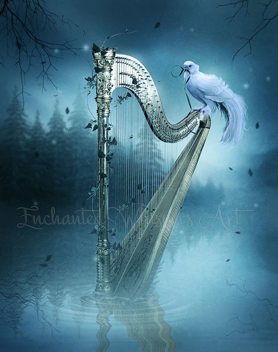 Items similar to Fantasy Harp art, fantasy harp print, white dove art