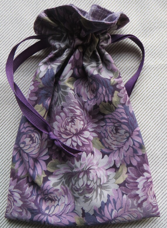 Purple Floral Lined Drawstring Fabric Bag