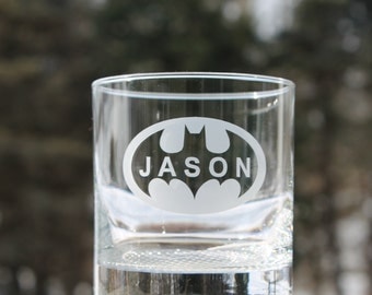 personalized whiskey glasses, etched whiskey glass, Etched Rock glass, Batman, 11oz, Rock Glasses, Cocktail Glasses, personalized etched