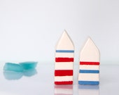 Summer Ceramic Houses set -  Handmade ceramics, White house with Red and Blue stripes, Geometric miniature houses, Geometrical