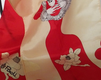 1960s Vintage Paoli Scarf Japan Red Beige Woman Rectangular