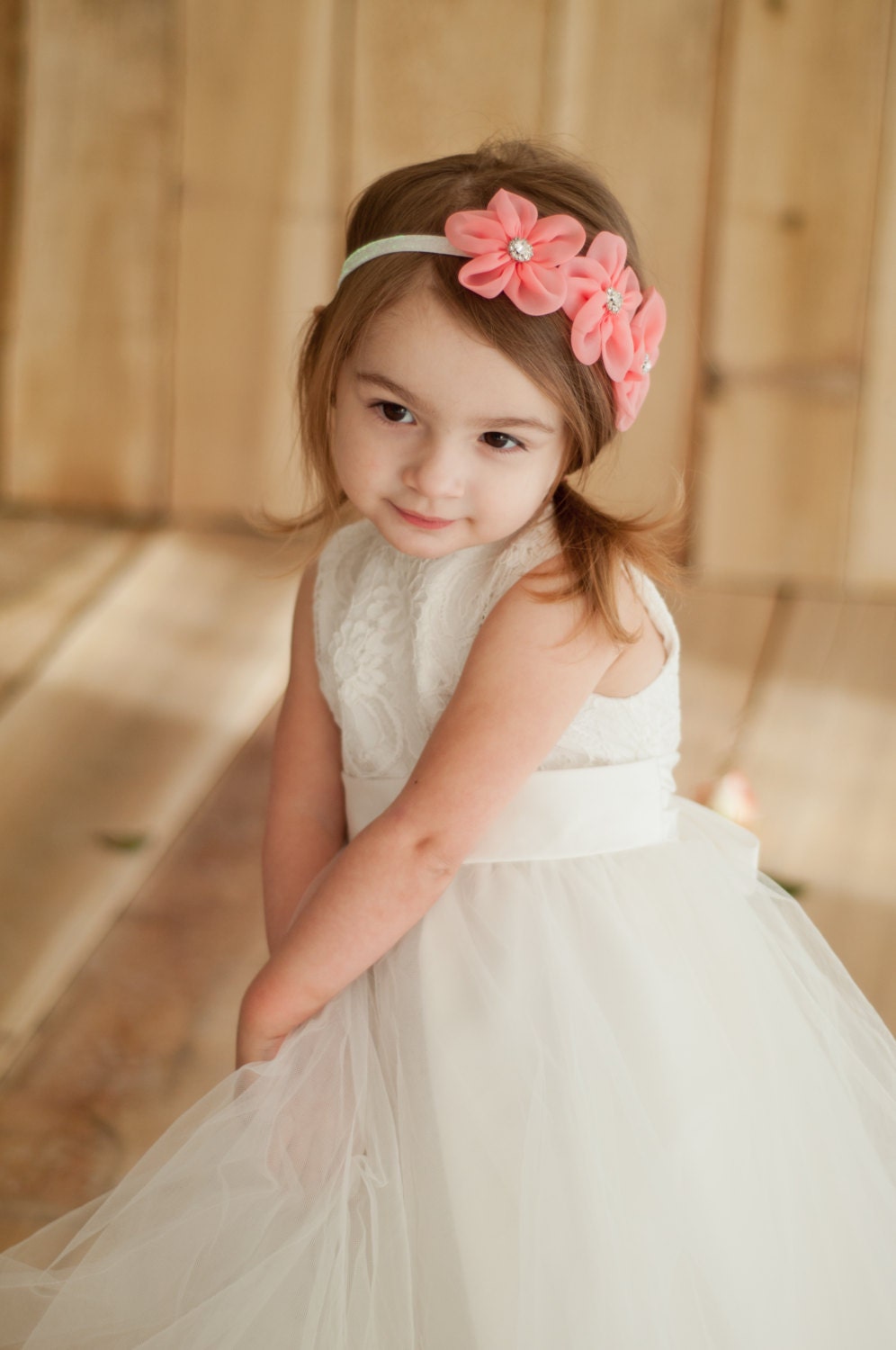 Flower Girl Headband, Coral Flower Headband, Coral Baby Headband