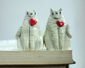 White Cats Cake Topper With A Red Hearts - Ceramic  Bears  - Art Ceramic Miniature