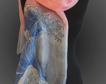 The Great wave off Kanagawa silk scarf. Hand painted silk scarf. Japanese art scarf. Hokusai silk scarf. Art to wear. Made to order.