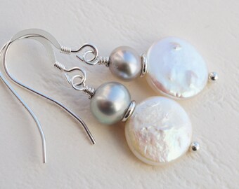 Freshwater pearl earrings, grey and white pearl earrings, sterling silver earrings, white pearl earrings, white coin pearl earrings