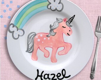 Pink Unicorn Plate - Personalized Girls Plate - Unicorn and Rainbow - Hand Painted Ceramic Plate - Unicorn Birthday Party - Everyday Plate