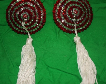 Red and Clear Crystal Rhinestone Striped Burlesque Pasties with Swivel, Rotating Tassels