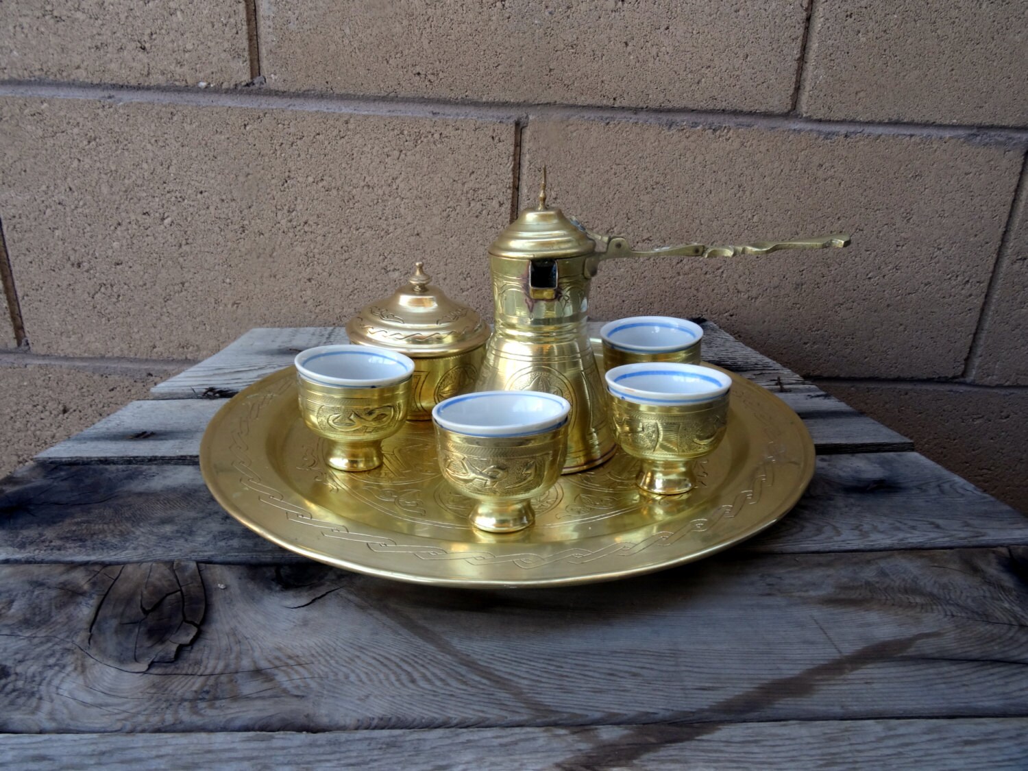 Brass Turkish Coffee Serving Set Arabic Design Brass Turkish