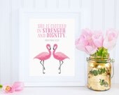 Proverbs 31 Bible Verse Art, Flamingo Print, Strength & Dignity Bible, Girl Scripture Nursery Print, Inspirational Wall Decor - ANY SIZE