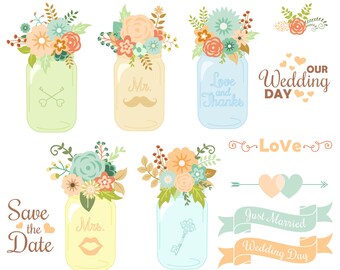 Mason Jar Clipart "WEDDING MASON JAR" Clip art mason jar, wedding invitation, wedding floral clipart . 38 png images.Commercial Use.