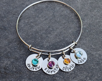 Adjustable Bangle Bracelet- Personalized Bracelet- Name Bracelet- Birthstone Bracelet- Custom Name Jewelry- Mother's Jewelry- Wire Bangle