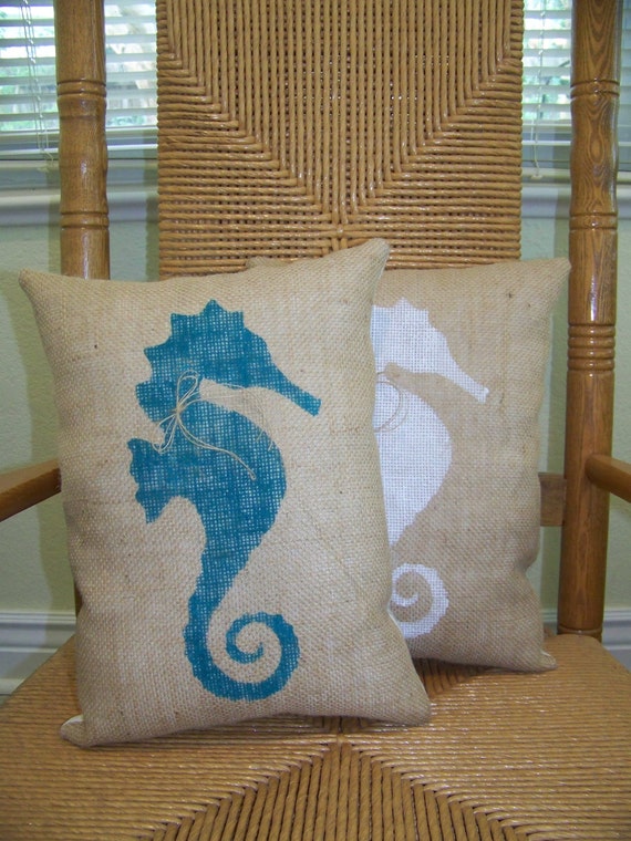 Items similar to Seahorse pillow, Beach pillow, Nautical pillow, Burlap