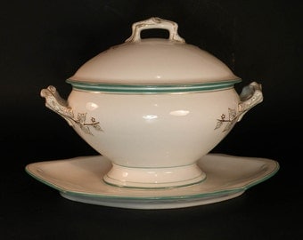 LARGE French vintage porcelain sauce tureen boat, large white gravy boat, retro sauce boat, vintage dining, white and green, sauce tureen