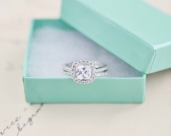 Wedding Ring Set - Cushion Cut Ring - Sterling Silver Ring - Engagement Ring - Cubic Zirconia Ring - Halo Engagement Ring - 1 Carat