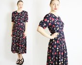 Vintage 80's Dark Blue Red Floral Print Button Up Midi Dress
