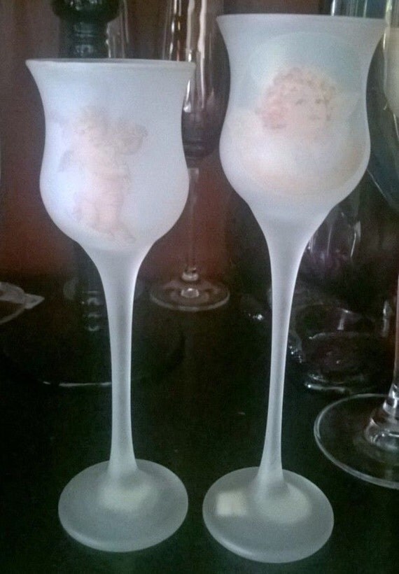 Items similar to Angel Candle Holder Yankee Candle Frosted Glass Angel Tall Stem Tealights Set