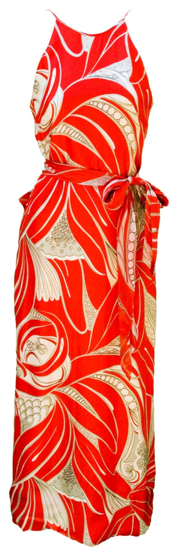 1960s Small Dress Silk Summer Halter Red Abstract Novelty