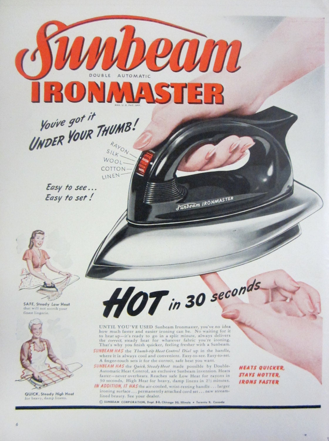 1948 Sunbeam Ironmaster Iron Vintage Advertisement Laundry