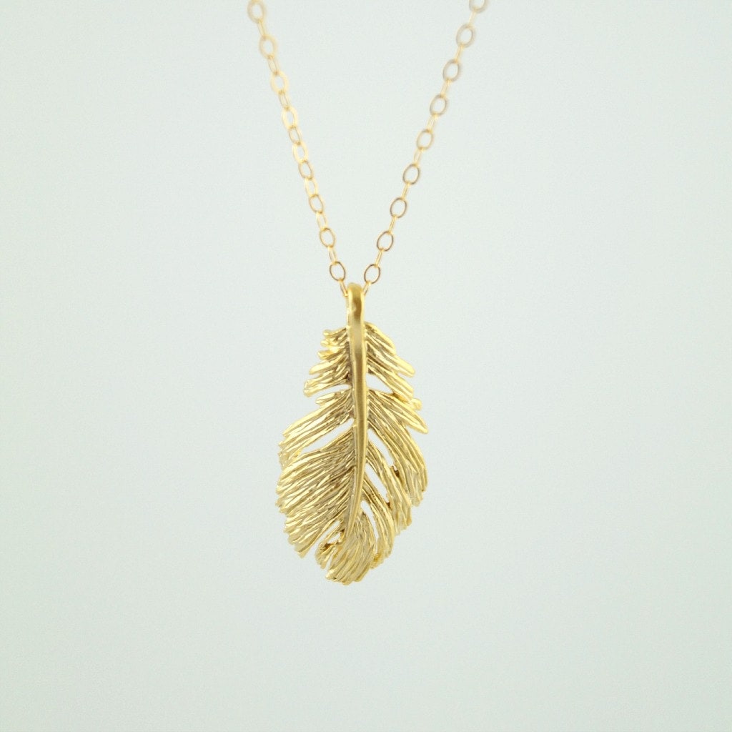 Gold Feather Necklace Gold Necklace by WanderandLustJewelry