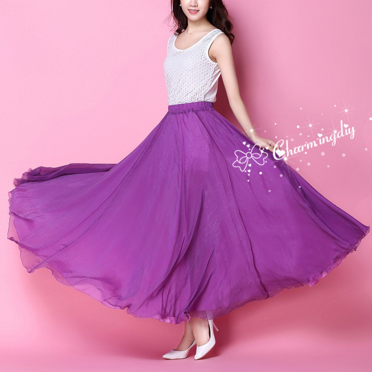 60 Colors Chiffon Purple Long Party Skirt Wedding Lightweight